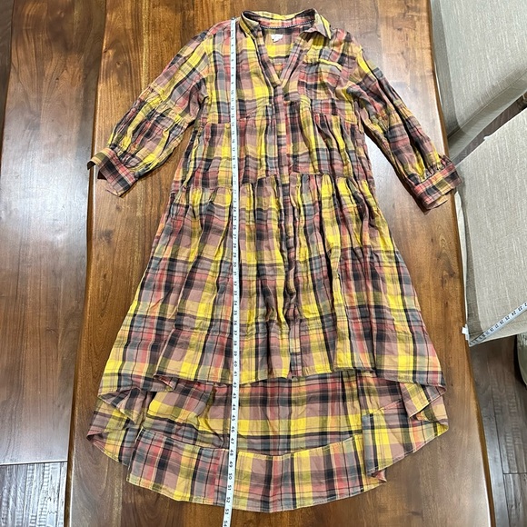 Anthropologie Pilcro Long-Sleeve Tiered High-Low Dress Fall Plaid Collar Boho M - Picture 8 of 9